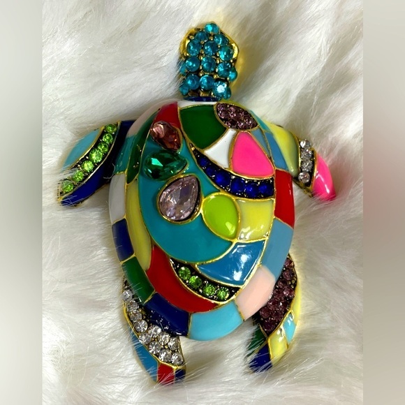 🐢 PATCHWORK SEA TURTLE BROOCH Multicolor Stones Acrylic Art to Wear Stunning - Picture 1 of 5